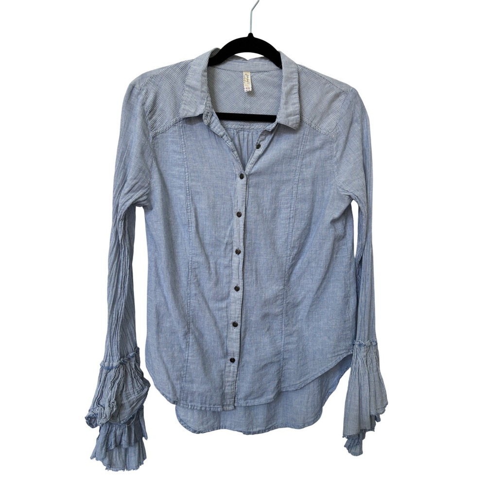Free People Blue White Pinstripe Ruffle Bell Cuff Button Down Shirt Womens S